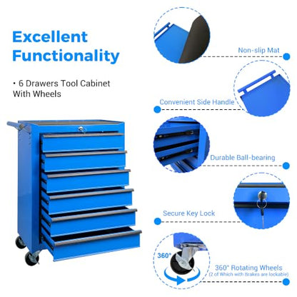 Rolling Metal Tool Chest with 6 Drawers, 20" 6-Drawer Tool Chest Cabinet with Ball Bearing Drawer Slides, Steel Tool Storage Box Organizer -Blue - color: Blue-6