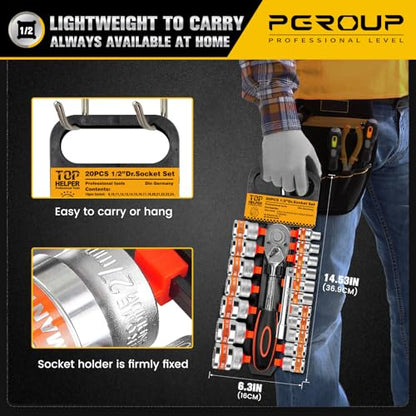 20 PCS 1/2" Drive Metric Socket Wrench Set,1/2 Reversible Ratchet Handle，6 Point Shallow Sockets (8-32mm) and Extension Bar 5", CR-V Steel, Car Repair Set - size: Pro 20p 12.7 Mm Drive (8 - 32 Mm)