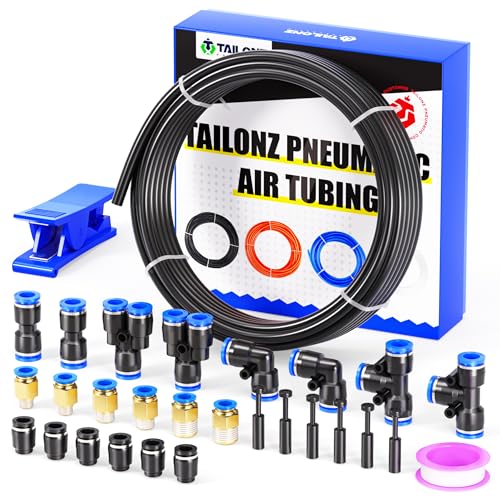 TAILONZ PNEUMATIC Black 10MM Inch OD 10 Meter 32.8ft PU Polyurethane Air Tubing Kit Pipe Hose Air Line Tubing Air Hose Fittings Push to Connect Fittings(29PCS) - color: Black, size: 25/64" OD - 32.8 FT