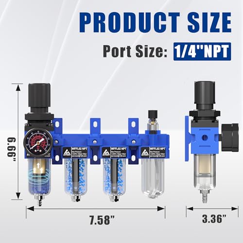 1/4"NPT Air Filter Regulator Lubricator Combo, Air Regulator and Water Separator,Air Compressor Water Separator,5 Micron Brass Filter Cartridge,Double Desiccant Dryers-Blue - color: 4 Stage, size: 1/4'' NPT