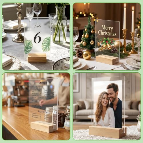Bercoor 10 Pack 4x6 Inch Blank Clear Acrylic Sign with Wooden Stands, Rectangle Top Acrylic Sheet, DIY Acrylic Rectangle Table Numbers for DIY Name Card Gifts Event Party Sign Decoration - size: 4x6 rectangle