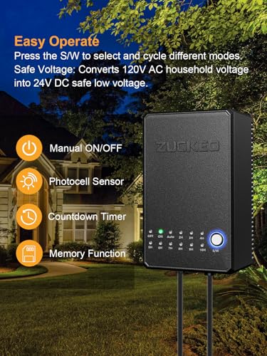 ZUCKEO 60W Low Voltage Landscape Transformer with Timer and Photocell Sensor, Waterproof Outdoor Landscape Lighting Transformer, 120V to 24V DC for Garden LED Lights, Spotlight, Pathway Light