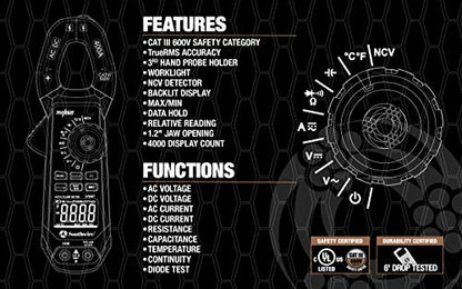 Southwire Clamp Meter - True RMS Accuracy for Precise AC/DC Measurement - Built-In Voltage Tester - Third-Hand Probe Holder - CAT III 600V Safety Rated