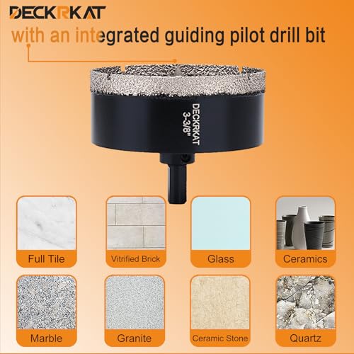 DECKRKAT 3-3/8"Diamond Hole-Saw Bits with Pilot Drill Bit - 3-3/8"Diamond Tipped Tile Hole Saws with Guiding Bit Accurate Drilling for Porcelain Tile Ceramic Pottery Granite Stone Glass Bottles 85mm - size: 3-3/8"