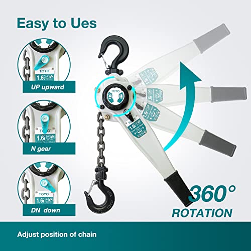 TOYO Lever Chain Hoist 3500Lbs 20ft,Chain Come Along 1.6T 20Ft Ratchet Chain Puller Hoist Alloy Steel G80 Chain 2 Heavy Duty Hooks for Building Warehouse Automotive Garages Machinery (3500LB 20FT) - size: 3500Lb 20Ft