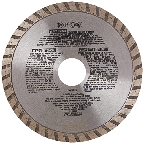 DEWALT Diamond Blade for Masonry, Dry Cutting, Continuous Rim, 7/8-Inch Arbor, 4-1/2-Inch (DW4725) (Pack of 10) - size: 1 Count (Pack of 10)