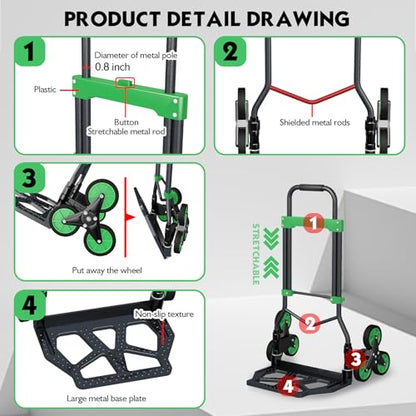 Heavy-Duty 330LB Capacity Hand Truck with Stair-Climbing Wheels & One-Touch Retractable Handle - Q235 Steel Collapsible Dolly Cart, 4.2-Inch Triple Wheels, Elastic Strap & Sponge Grip (Green) - color: Green
