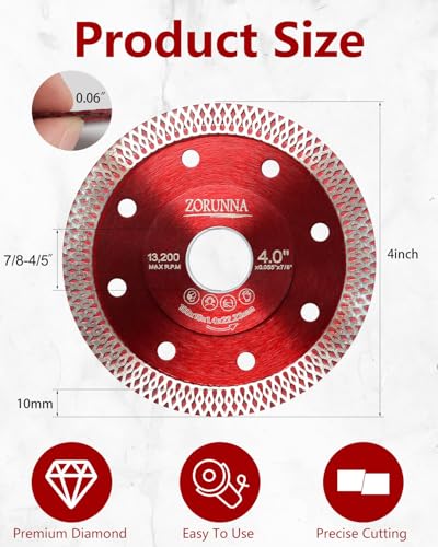 ZORUNNA 2Pcs 4" Diamond Blade for Grinder, Tile Cutting Blade 7/8" Arbor - size: 4"