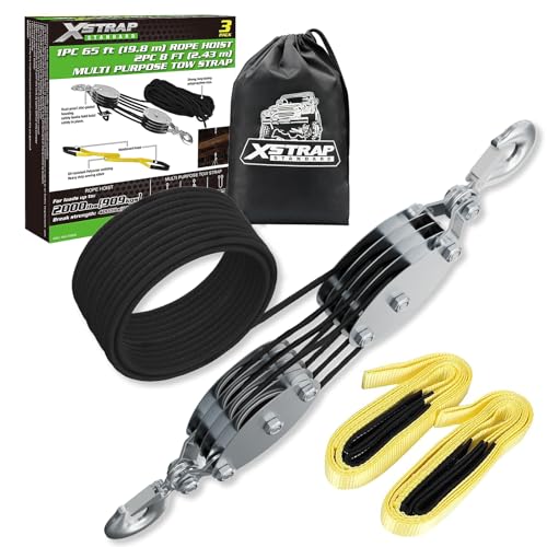 XSTRAP STANDARD 65FT Rope Hoist 4000Lbs Break w/2PK 8FT Lift Sling Black - color: 65ft Black with Lift Sling