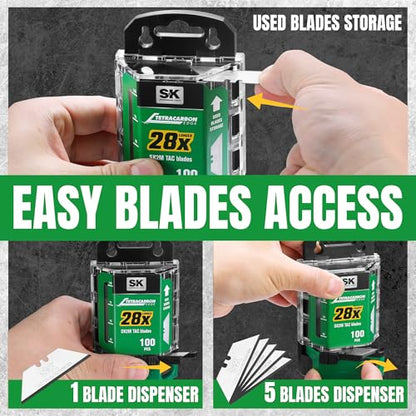 SK 100-Pack Utility Knife Blades, TAC Coated SK2M Steel for 28× Longer Life - style: 100-Pack