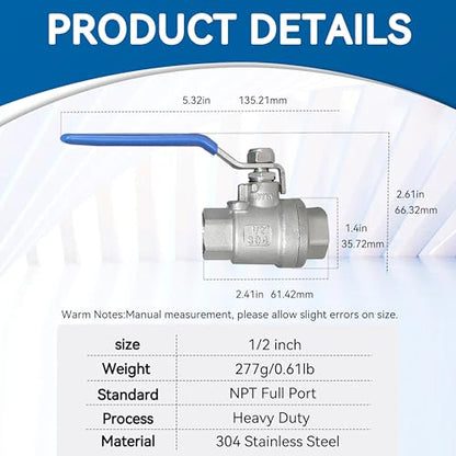1 Pack Full Port Ball Valve 1/2 NPT 304 Stainless Steel 2 - chip ball valve Female Heavy Duty WOG1000 for Water，Oil，Gas with Locking Devic (1/2”, 1) - style: 1/2”