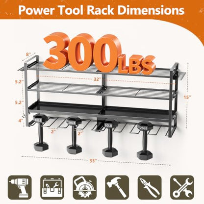 Large Power Tool Organizer Wall Mount,4 Layer Heavy Duty Metal Tool Storage Rack Loads 300lbs with 8 Cordless Drill Holder, Utility Rack Loads, Garage Storage, Gift for Men
