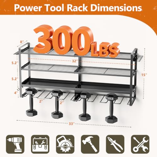 Large Power Tool Organizer Wall Mount,4 Layer Heavy Duty Metal Tool Storage Rack Loads 300lbs with 8 Cordless Drill Holder, Utility Rack Loads, Garage Storage, Gift for Men