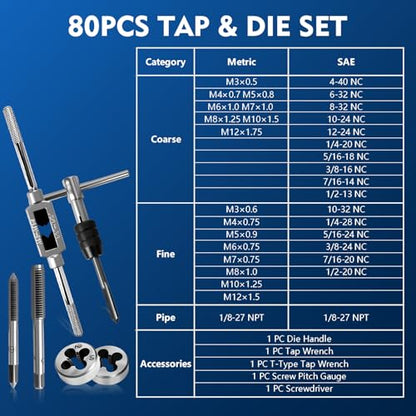 Tap and Die Set M3-M12, 80pcs Thread Repair Kit
