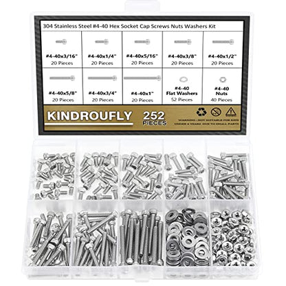 252 Pieces #4-40 x 3/16", 1/4", 5/16", 3/8", 1/2", 5/8", 3/4", 1", Hex Socket Head Cap Screws Nuts Washers Assortment Kit, 304 Stainless Steel, Fully Machine Thread - size: #4-40, style: Socket Head