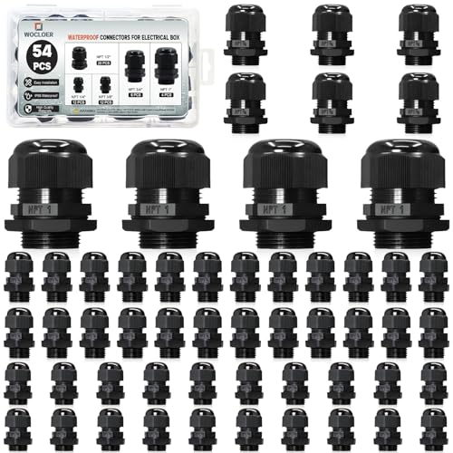 54 Pcs 1/4" 3/8" 1/2" 3/4" 1" NPT Kit Black Adjustable Cable Glands - IP68 Waterproof Electrical Connectors, Nylon Cord Grips Strain Relief for Electrical Box Use - size: NPT Kits 54pcs