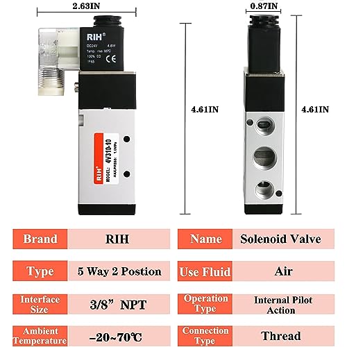 RIH Pneumatics Solenoid Valve 4V310-10 12V/24V/110V Series Single Coil Pilot-Operated Electric 2 Position 5 Way Connection Type (DC24V/Junction Box, 3/8"NPT) - size: DC24V/Junction Box, style: 3/8"NPT