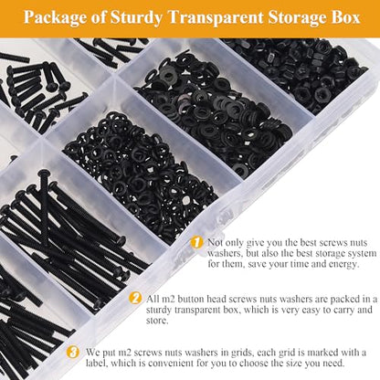 705 Pieces M2 Screws Nuts Washers Set Black, Sutemribor M2 x 4/6/8/10/12/16/20mm Button Head Socket Cap Screws Nuts Washers Assortment Kit, 10.9 Grade Alloy Steel, Fully Threaded - size: M2 x 4/6/8/10/12/16/20mm Kit, style: Button Head