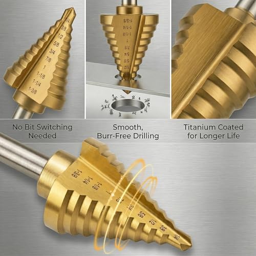 Step Bit-10 Steps Titanium Coating High Speed Steel Step Drill Bit Set Unibit with Dual Flute Straight Grooved for Metal Hole Drilling-1/4 to 1-3/8" - size: 1 pc
