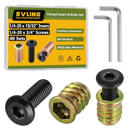 Threaded Inserts and Bolts Set, 40 Sets, 1/4-20 x 19/32" Threaded Inserts for Wood, 1/4-20 x 3/4" Furniture Screws, 1/4 Bolt Flat Head 304 Stainless Steel, Hex Socket Drive, 2Pcs Hex Wrench - size: 1/4-20x3/4"