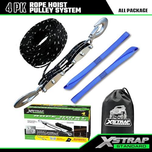 XSTRAP STANDARD Heavy-Duty 50 FT Reflective Rope Hoist Pulley System, Black - color: 50ft Black with Reflective Strips