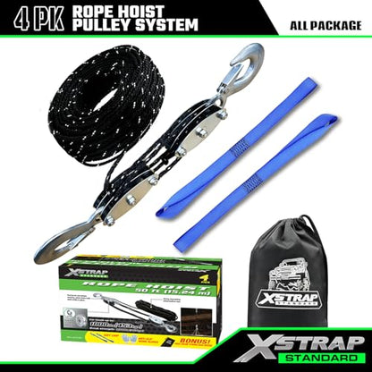 XSTRAP STANDARD Heavy-Duty 50 FT Reflective Rope Hoist Pulley System, Black - color: 50ft Black with Reflective Strips