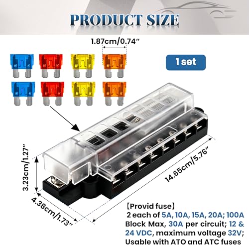 8 Circuit Fuse Block Marine with Cover, 100 Amp Power Distribution Block
