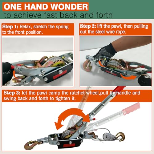 5T Come Along Winch, 11000lbs Pulling Capacity, 12ft Steel Cable - size: 5T-11000lbs-12FT-3Hook