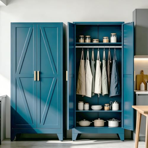 71" H Pantry Cabinet,Metal Storage Cabinets with Doors and Shelves,Tall Food Kitchen Cabinets,Farmhouse Kitchen Cabinet,Freestanding Cabinet - color: Blue, size: 71"H-D