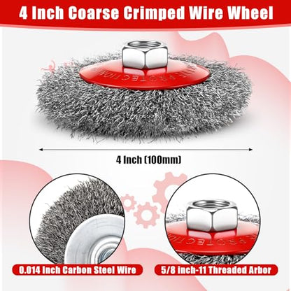 Bokon 4 Pack 4 Inch Coarse Crimped Wire Wheel for 4 1/2 Angle Grinder with 5/8 Inch-11 Threaded Arbor - 0.014 Inch Carbon Steel Wire for Rust, Corrosion, Paint Removal