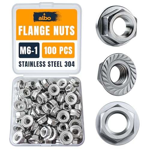 ALBO 100 PCS M6-1.0 Hex Flange Lock Nuts – Stainless Steel 304, Set in Reusable Box – Hardware for Automotive & DIY – M6 Nuts, Metric Nut Assortment - size: Flange Nuts М6-1, 100pcs