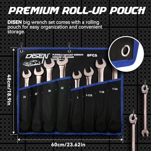 DISEN 8pcs Large Wrench Set Nickel Plating Jumbo Ratcheting Wrench Set - color: Black Nickel