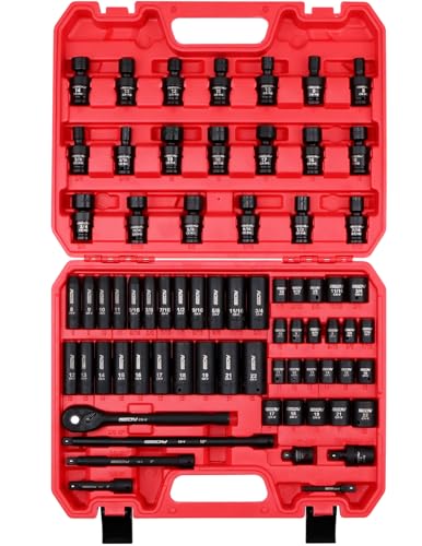 71-Piece 3/8" Drive Master Impact Socket Set, SAE and Metric, 5/16"- 3/4", 8mm - 22mm, Cr-V, Cr-MO, Universal Joint Deep Standard Sockets with Ratchet Handle, Swivel Sockets, Extension Bars, Adapters - size: 71 PCS 3/8"Drive Master