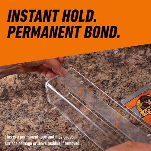 GORILLA Invisible Hold Mounting Tape, 1" x 60", Clear Double Sided, 2-Pack