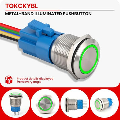 19mm Latching Push Button Switch 12V DC, IP65 Waterproof - color: Silver Stainless Shell Green, size: 19mm