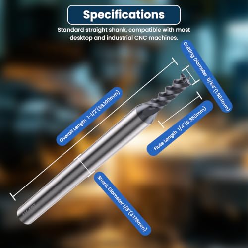 LU&MN Carbide Square End Mill, 4T, 5/64" Cut Dia, 1/8" Shank Dia, 5 PCS - size: 5/64 in