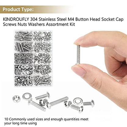 382 Pieces M4 x 5/6 /8/10 /12/16 /20mm Button Head Socket Cap Screws Nuts Washers Assortment Kit, 304 Stainless Steel, Fully Machine Thread - size: M4, style: Button Head