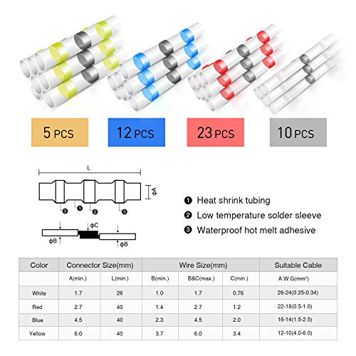 Nilight - 50025R 50pcs Solder Seal Wire Connector, Solder Seal Heat Shrink Butt Connectors,Electrical Waterproof Insulated Marine Automotive Copper(23Red 12Blue 10White 5Yellow),2 Years Warranty - color: 50PCS Solder Seal Connectors (Yellow, Blue, Red, Wh