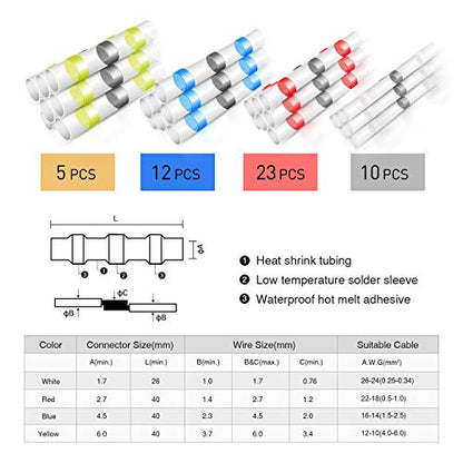 Nilight - 50025R 50pcs Solder Seal Wire Connector, Solder Seal Heat Shrink Butt Connectors,Electrical Waterproof Insulated Marine Automotive Copper(23Red 12Blue 10White 5Yellow),2 Years Warranty - color: 50PCS Solder Seal Connectors (Yellow, Blue, Red, Wh