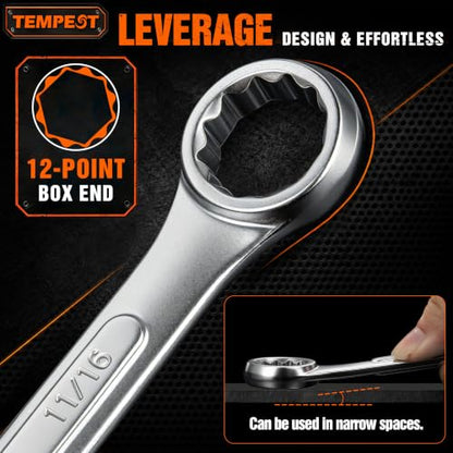 Tempest 14 Piece Combination Wrench Set, Metric & SAE (8-17mm, 5/16-11/16 inch) with Compact Organizer Rack, Drop Forged Steel Mechanics Hand Tools Kit for Automotive Repair, Home DIY, Workshops