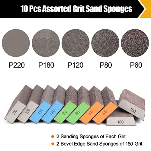 BOSHCRAFT 10 Pcs Sanding Sponge Set, 220 Grit: 4 Pcs, 60/80/100/120/180 Grit: 2 Pcs Each, Washable & Reusable Sanding Block for Wood Drywall Metal, Coarse to Superfine, 3.9" x 2.8" - size: 10 Pack-Mix