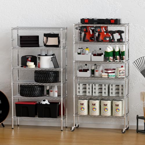 YNN Storage Shelves,6000Lbs 6 Tier Heavy Duty Metal Rolling Shelving Unit with Wheels & 8 Hooks, Adjustable Garage Wire Rack for Kitchen, Bathroom,Industrial,Pantry(36" W x 14" D x 72" H, Chrome) - size: 36"x14"x72" 6-Tier