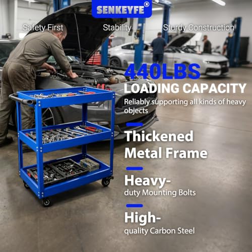 3-Tier Thickened Metal Cart w/Lockable Silent Wheels 440LBS