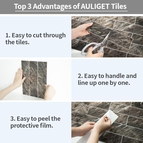 AULIGET 40-Piece Polished Brown Peel and Stick Backsplash Wall Tiles, 3" x 12" PVC Faux Stone Stick on Tiles for Backsplash Kitchen, Bathroom, Laundry Room, Camper, Fireplace - color: Polished Brown, size: 40 Pieces, 3"x12"x0.12"