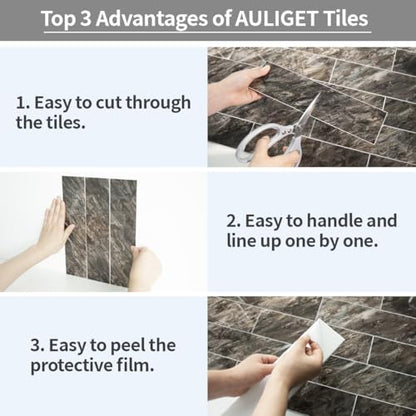 AULIGET 40-Piece Polished Brown Peel and Stick Backsplash Wall Tiles, 3" x 12" PVC Faux Stone Stick on Tiles for Backsplash Kitchen, Bathroom, Laundry Room, Camper, Fireplace - color: Polished Brown, size: 40 Pieces, 3"x12"x0.12"