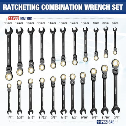WORKPRO 22-piece Ratcheting Wrench Set with 180° Flex Head, Anti-Slip - style: Flex-head