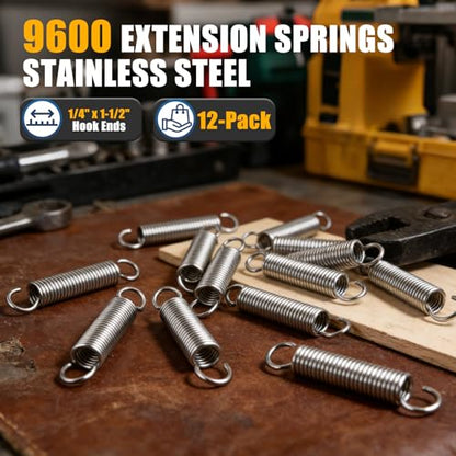 9600 Extension Springs Stainless Steel, 1/4" x 1-1/2" Hook Ends, 12-Pack