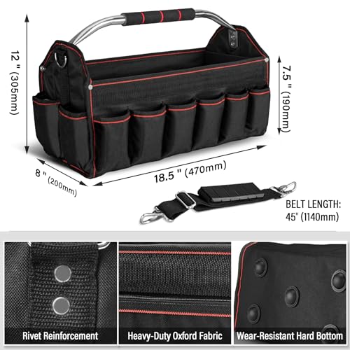 HAUTMEC 18" Foldable Tool Tote, Open Top Tool Bag with Removable Divider & Stiff Frame, 23-Pockets Electrician Tool Bag with Padded Steel Handle, Shoulder Strap & Water-Resistant Hard Base – HT0020 - size: 18-Inch, style: Foldable
