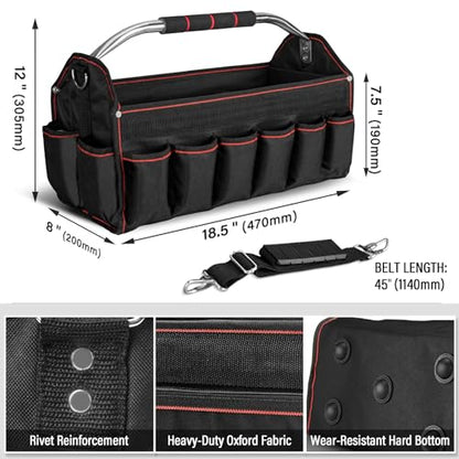 HAUTMEC 18" Foldable Tool Tote, Open Top Tool Bag with Removable Divider & Stiff Frame, 23-Pockets Electrician Tool Bag with Padded Steel Handle, Shoulder Strap & Water-Resistant Hard Base – HT0020 - size: 18-Inch, style: Foldable