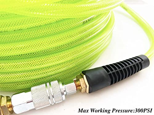 SANFU Polyurethane(PU) Reinforced 3/8”ID x 100ft Air Hose, 300PSI Wear Resistant with 3/8” Reassembled Industrial High Flow Quick Coupler and Plug, Bend Restrictor, Green(100’) - color: Green, size: 100FT